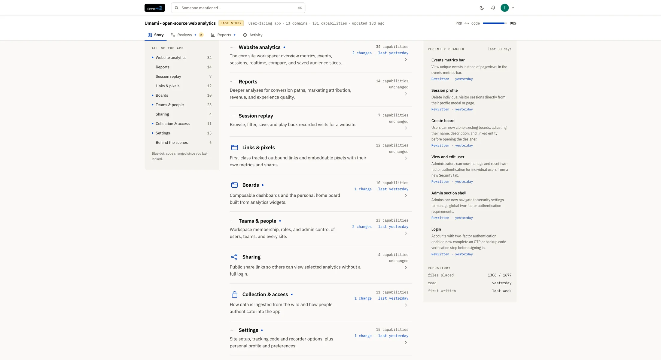 Umami's product map: every domain listed with its capability count, and a panel of what changed recently.