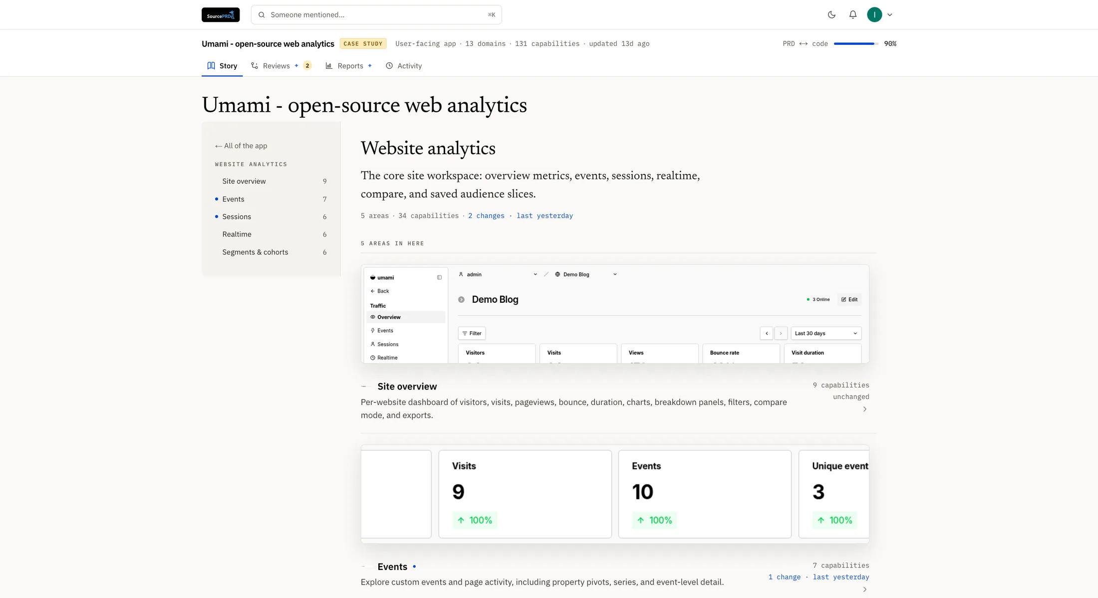 One Umami domain opened, showing its areas, capabilities and the screens they live on.