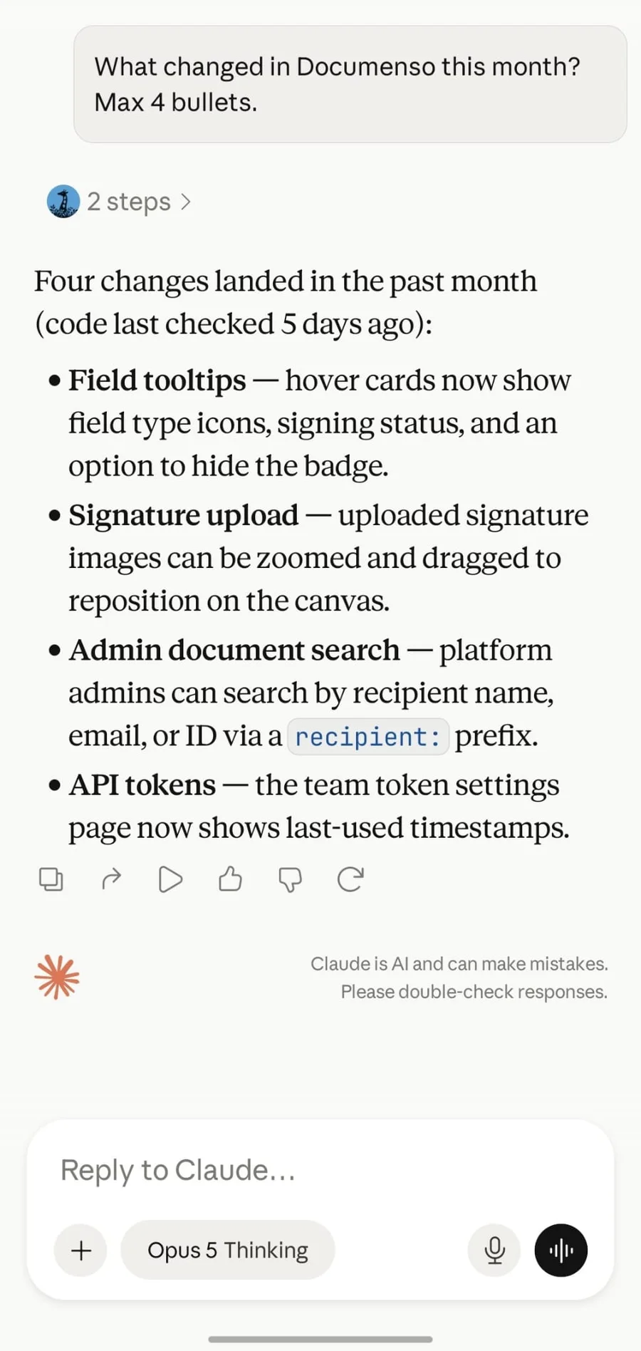 Claude listing the four changes that landed in Documenso in the past month: field tooltips, signature upload repositioning, admin document search, and API token last-used timestamps.