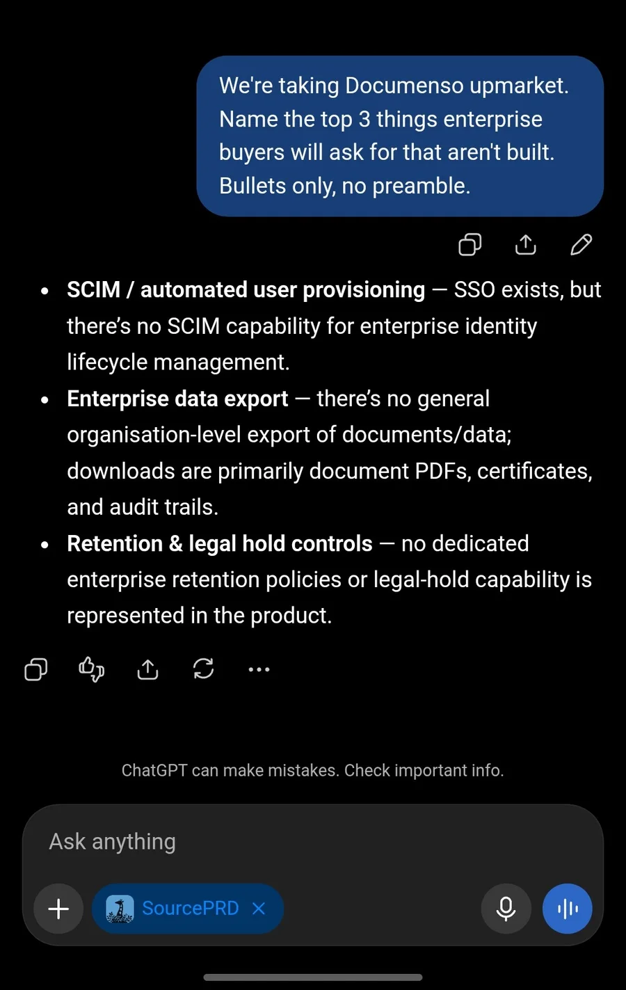 ChatGPT naming the top three things enterprise buyers will ask for that Documenso has not built: SCIM provisioning, organisation-level data export, and retention and legal-hold controls.