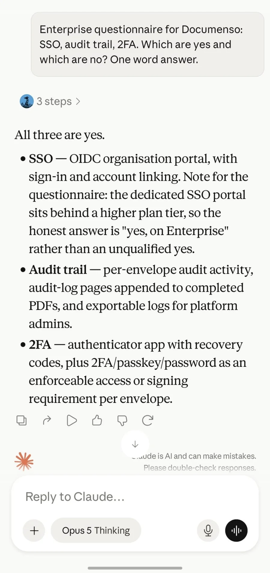 Claude answering an enterprise questionnaire on SSO, audit trail and two-factor authentication — all three yes, with the note that the dedicated SSO portal sits behind a higher plan tier.