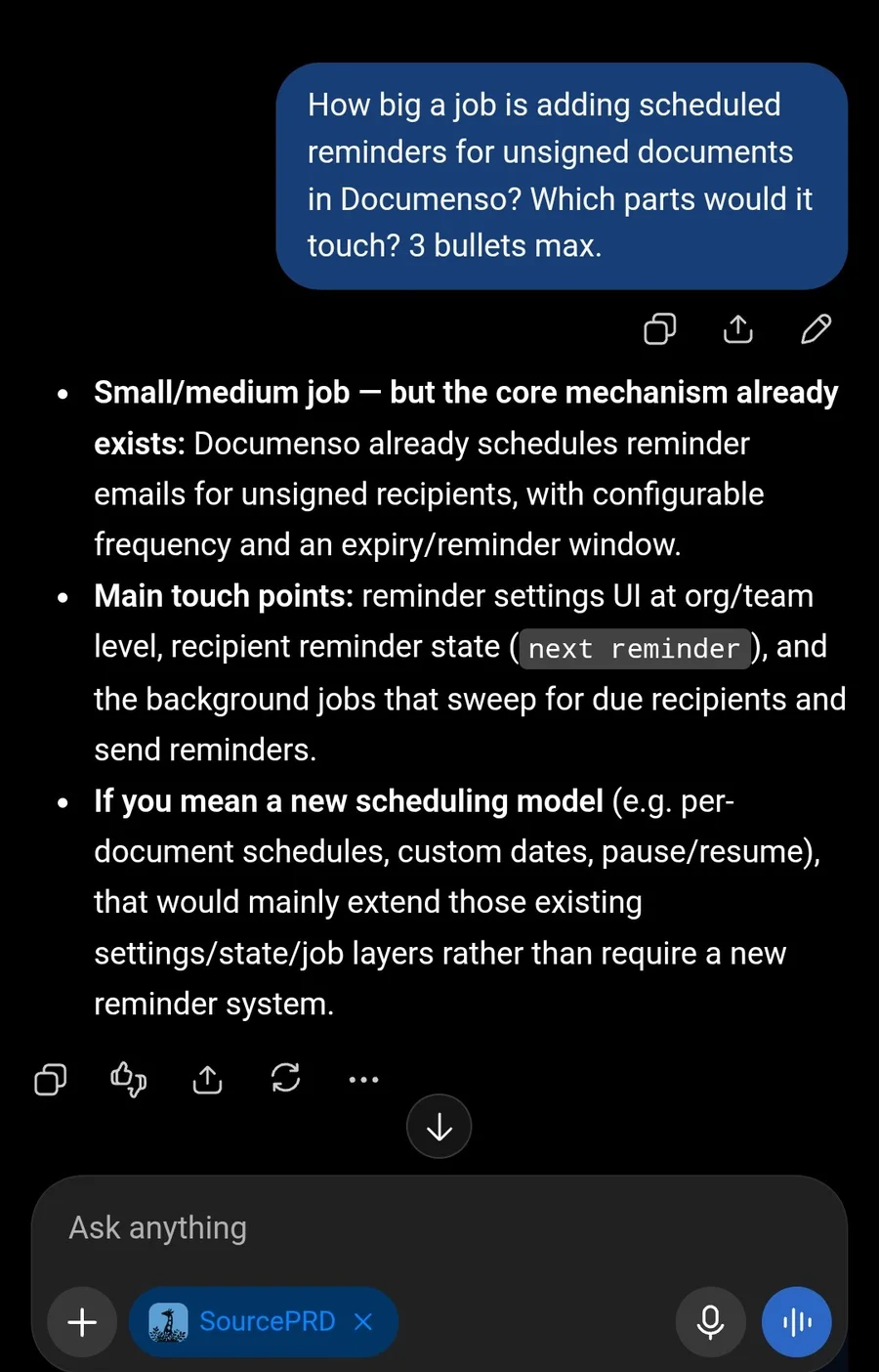 ChatGPT scoping scheduled reminders for unsigned documents in Documenso as a small to medium job, because the reminder mechanism already exists, and naming the parts it would touch.